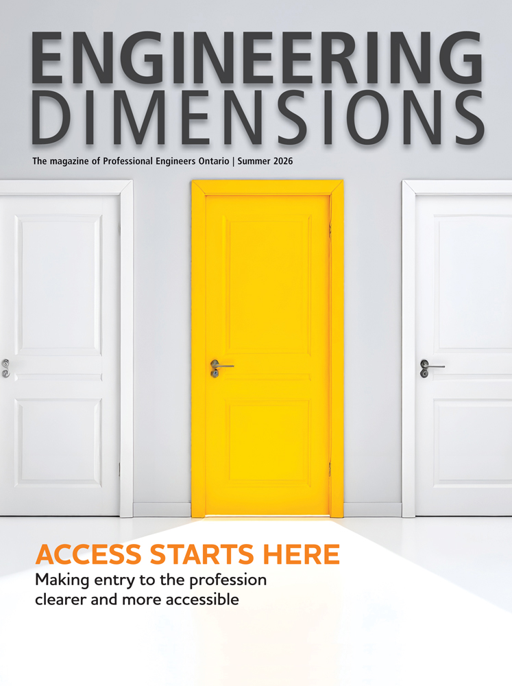 Cover of Engineering Dimensions magazine, Summer 2026 edition. Three doors stand against a light gray wall, with a bright yellow door in the center between two white doors. The headline reads, “ACCESS STARTS HERE,” with the subheading, “Making entry to the profession clearer and more accessible.”