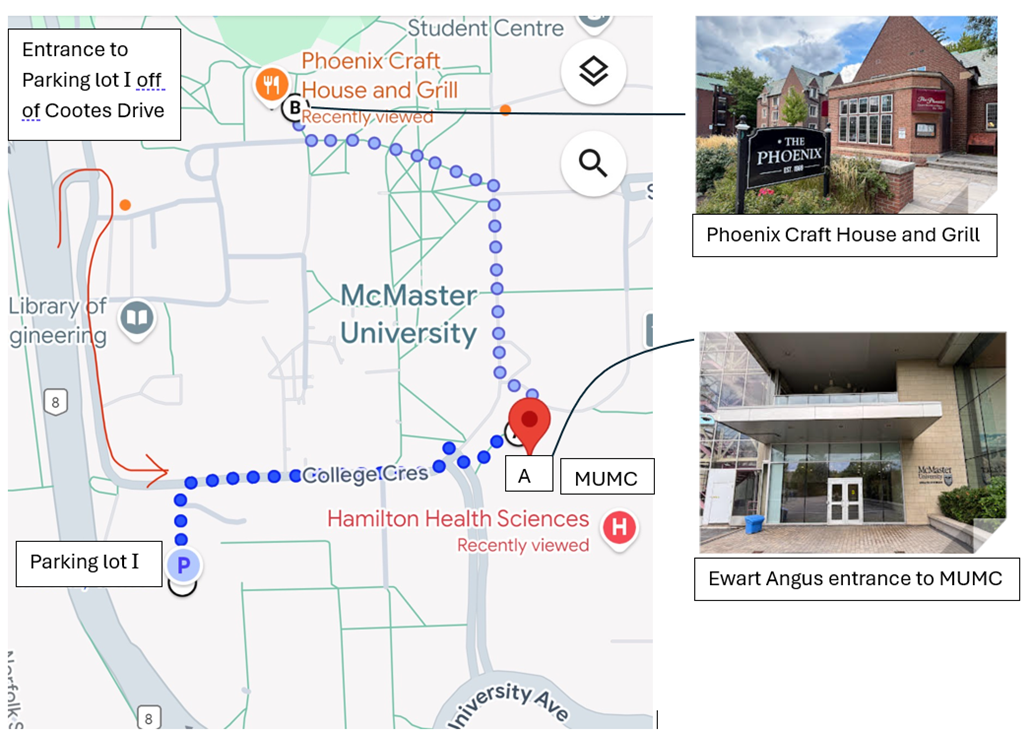 Map showing Parking Lot I, MUMC and Phoenix Craft House and Grill on McMaster University Campus
