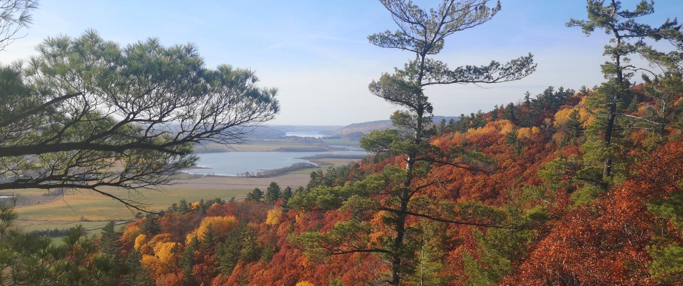 Autumn landscape on hill with lake in distance